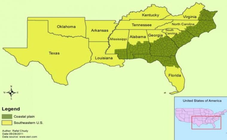Południowo-wschodnie USA. Ciemnozielony kolor pokazuje równiny nadbrzeżne, gdzie występuje znaczna część plantacji szybko rosnących sosen.