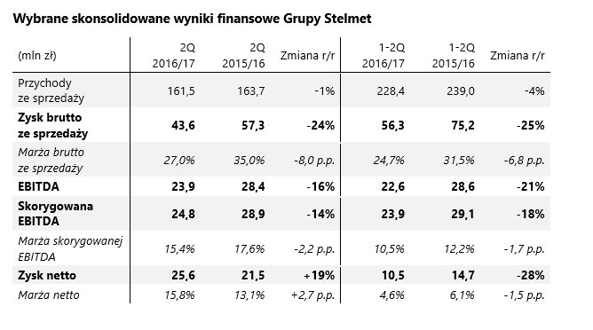 Wybrane skonsolidowane wyniki finansowe Grupy Stelmet