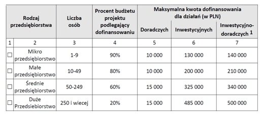 Poziom dofinansowania w zależności od wielkości przedsiębiorstwa