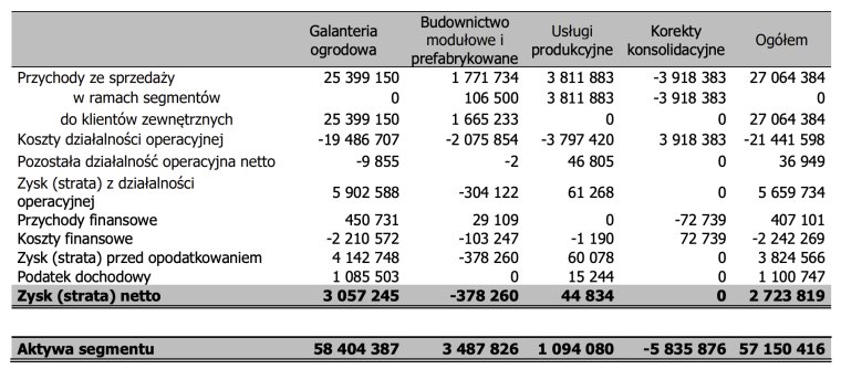 Wyniki finansowe w poszczególnych segmentach działalności grupy Werth-Holz