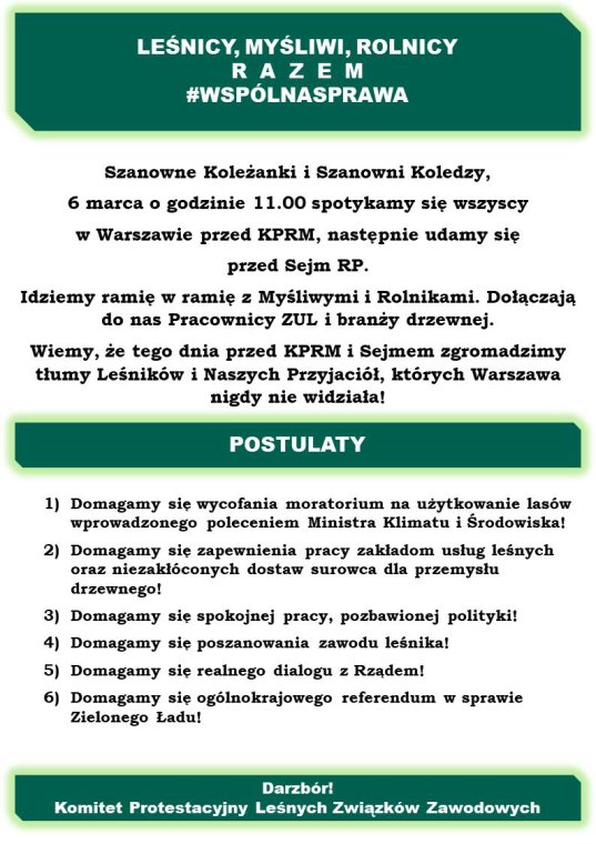 Leśnicy będą protestować w Warszawie