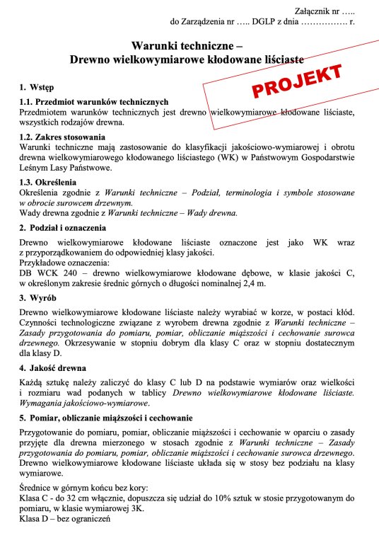 Projekt nowych warunków technicznych dla kłód liściastych