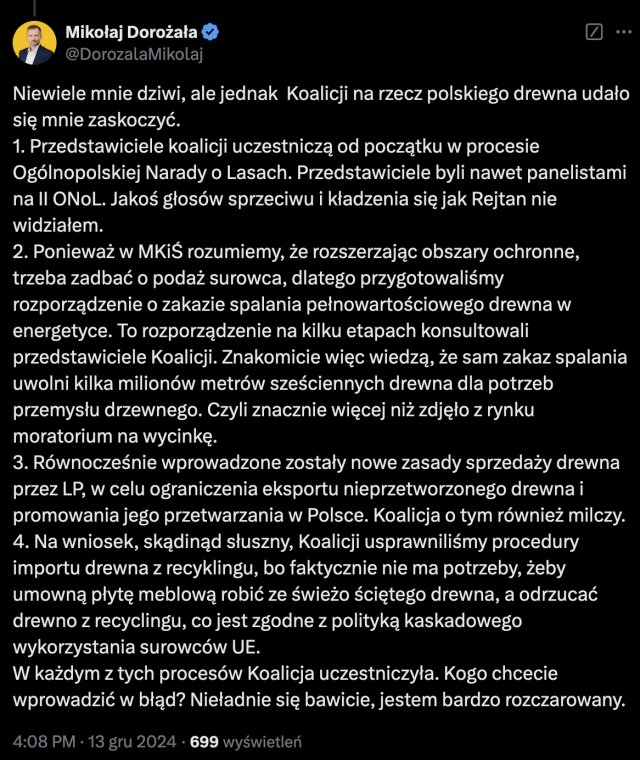 Komentarz wiceministra Mikołaja Dorożały do apelu Koalicji na Rzecz Polskiego Drewna skierowanego do premiera Donalda Tuska