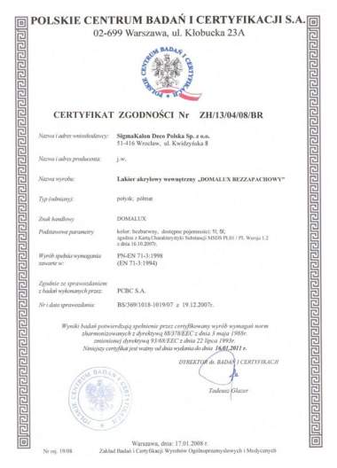 Certyfikat zgodności - Bezpieczeństwo Zabawek