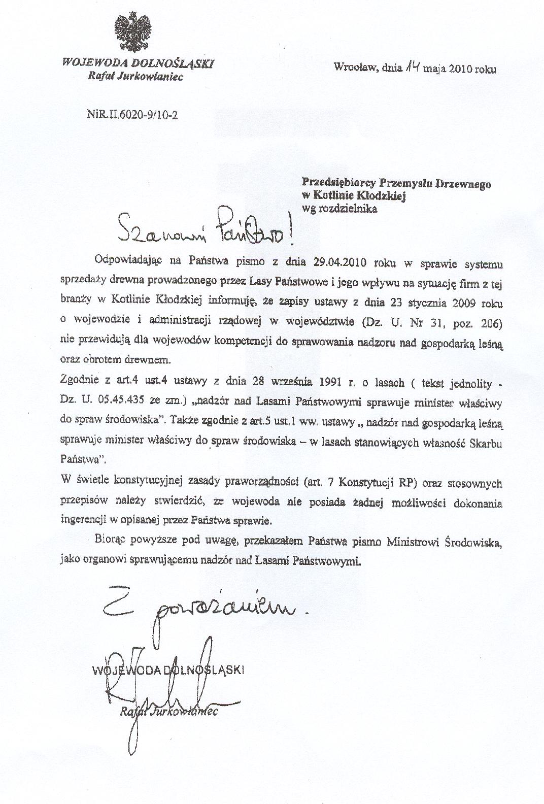 Odpowiedź Wojewody Dolnośląskiego skierowana do tartaków z Kotliny Kłodzkiej