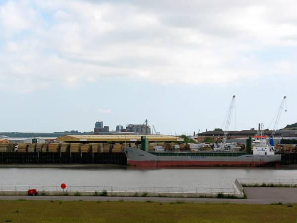 Rozładunek tarcicy ze statku w porcie Medway, w pobliżu Rochester, Wielka Brytania