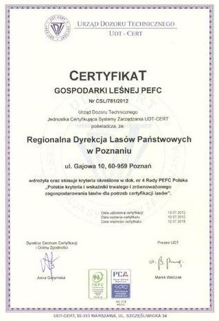 Certyfikat PEFC dla RDLP w Poznaniu
