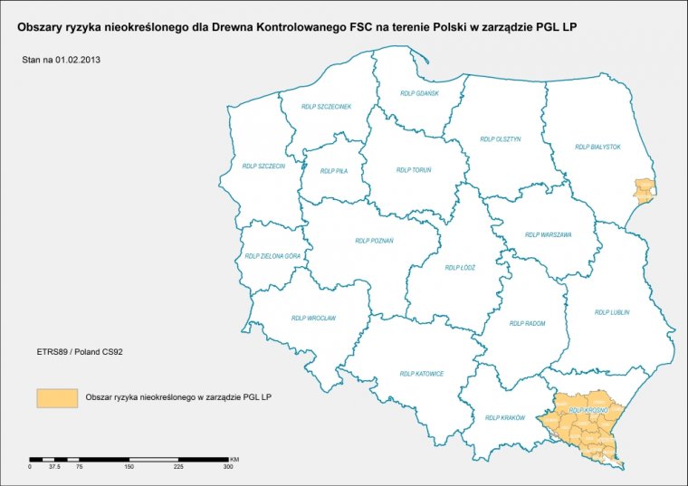W Krajowej Analizie Ryzyka dla Polski FSC wskazało regiony ryzyka nieokreślonego w ramach kryterium III Drewna Kontrolowanego.