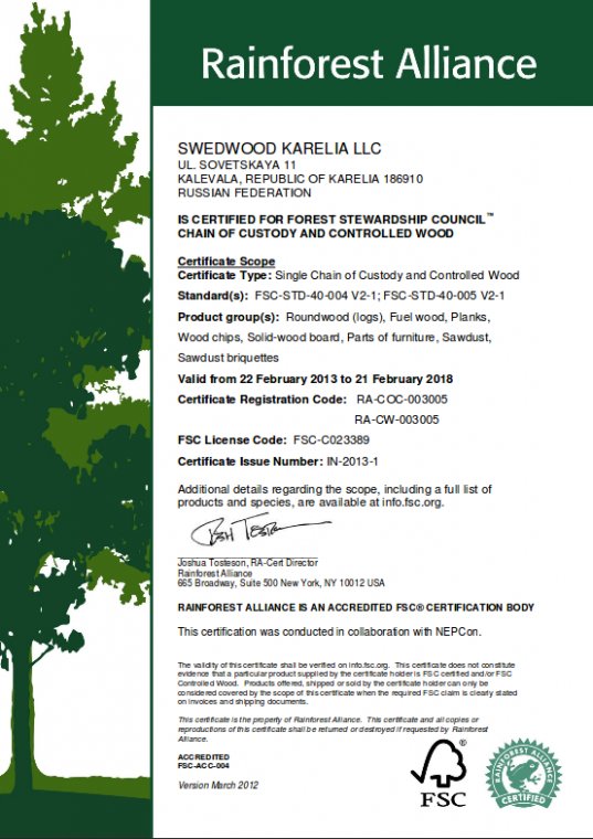 Certyfikat FSC dla Swedwood Karelia LLC