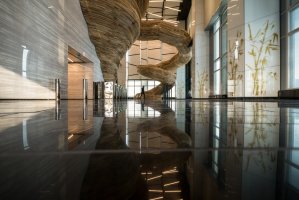 Drewniane schody w Amot Atrium Tower