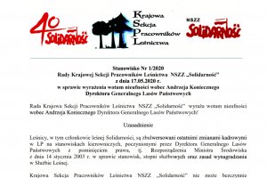 Leśna Solidarność z wotum nieufności wobec dyrektora generalnego Lasów Państwowych