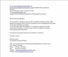 e-mail od FSC w sprawie zawieszenia firmy SGS Qualifor
