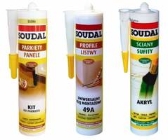 Gama produktów Soudal do odnawiania podłogi: uniwersalny klej montażowy, akryl i kit do parkietu